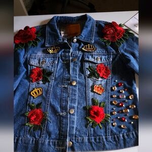 Handmade  embellished  jean Jacket size medium  Queen crowns and Roses